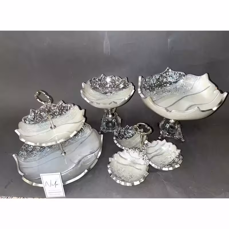 سرویس 4تکه طوسی نقره ای رزینی با تکه های ورق نقره