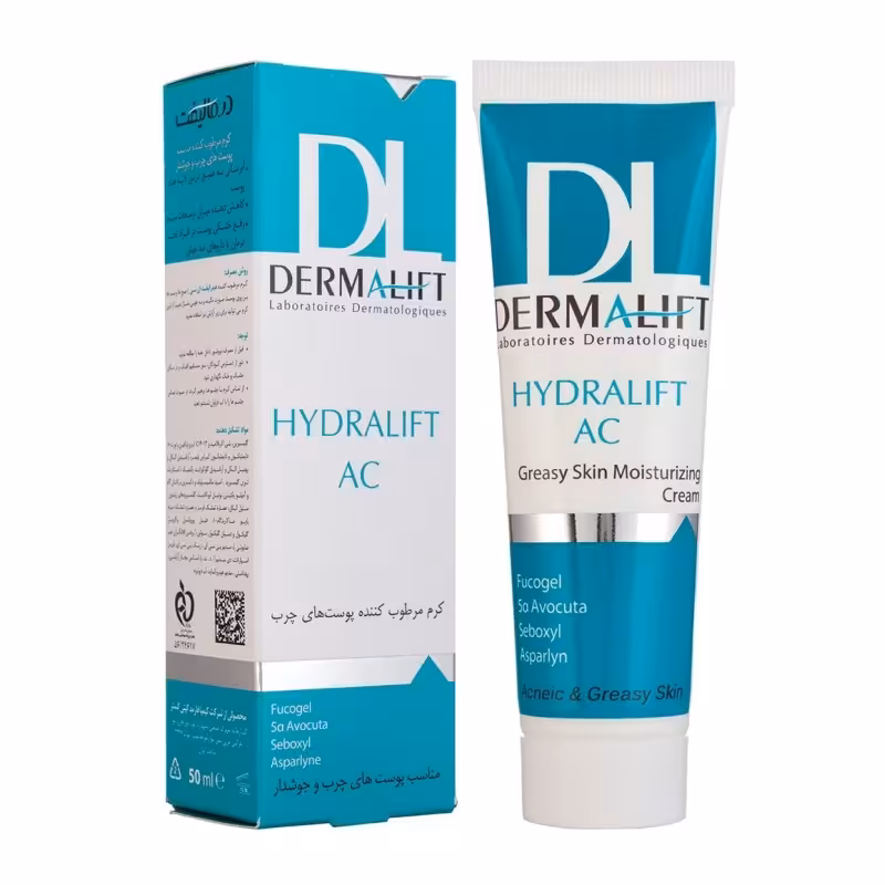 کرم مرطوب کننده پوست درمالیفت مناسب پوست چرب و جوشدار مدل Hydralift AC حجم 50 میل