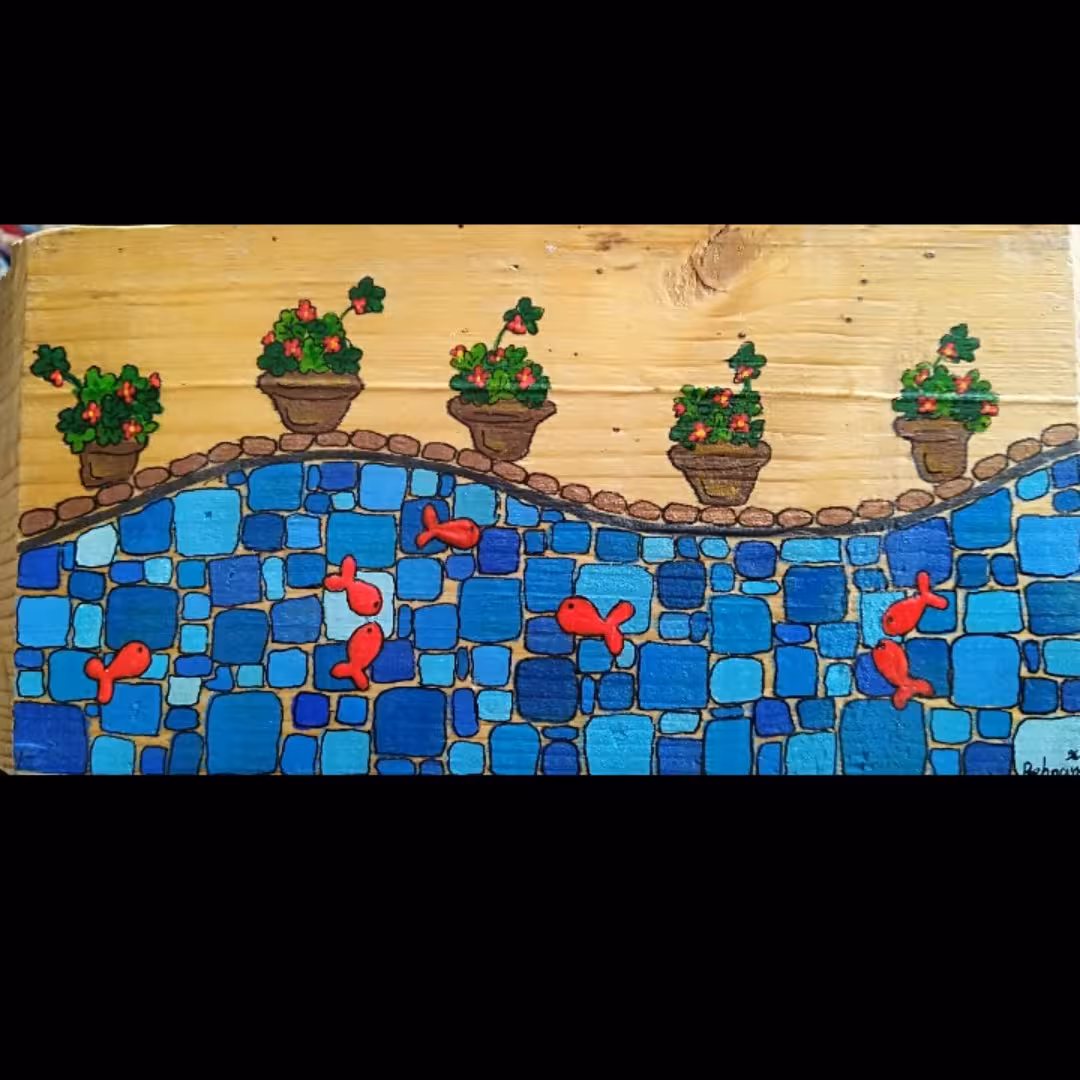 نقاشی روی چوب،طرح حوض ماهی و گلدان شمعدانی