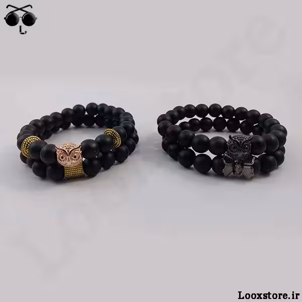 دستبند ترکیبی اونیکس و جغد طلایی و مشکی نگین دار