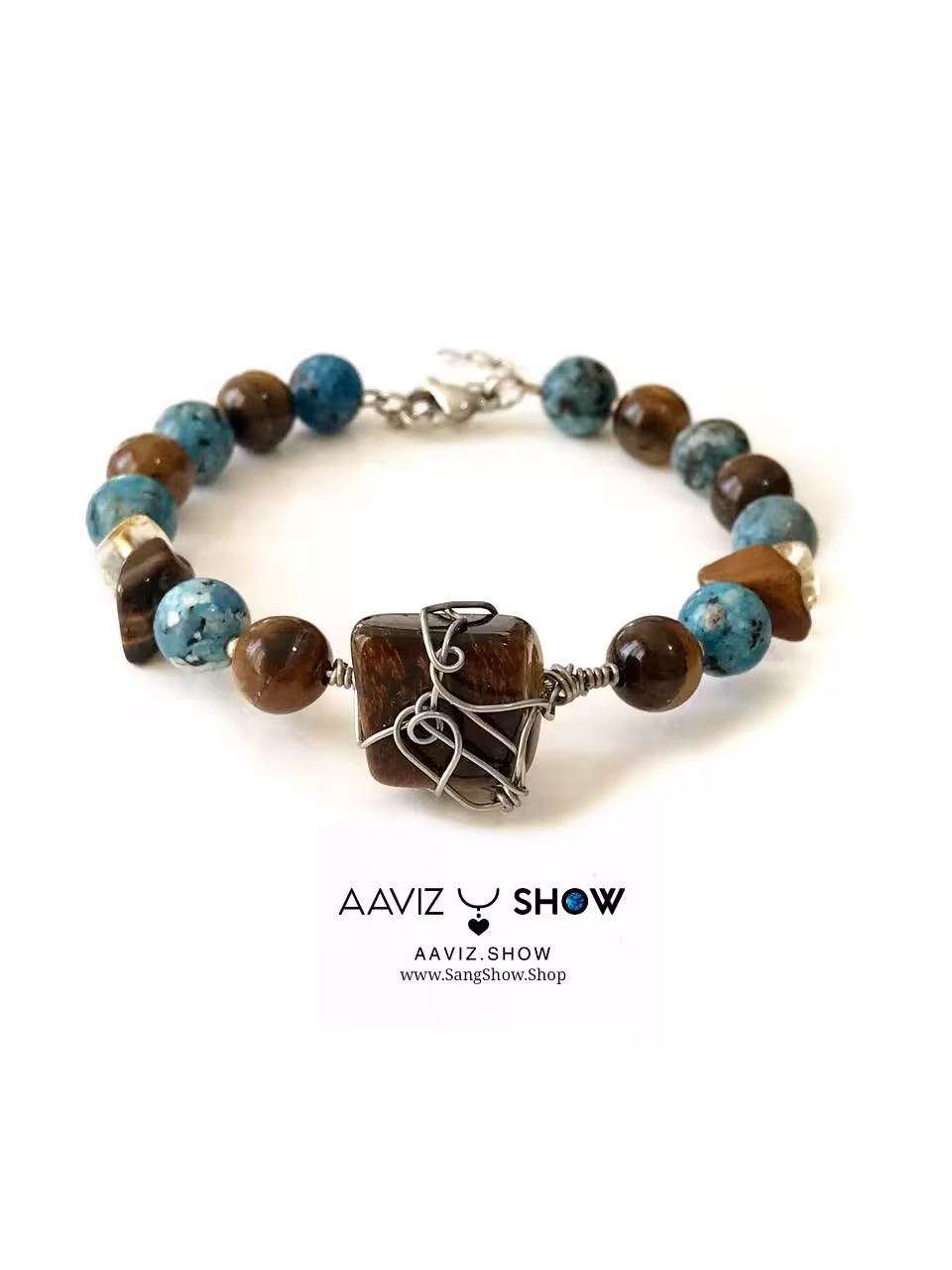 دستبند سنگ چشم ببر و آپاتیت بهمراه مهره های سیترین D022