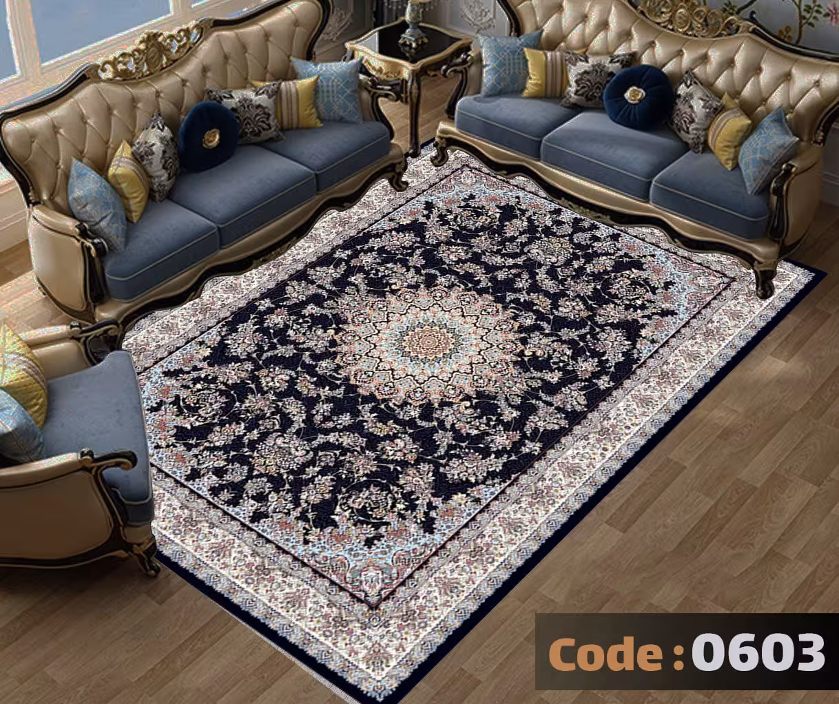 کاورفرش روفرشی دورکشدار گوشه لیفه ای لاکی ، آبی و متنوع کد 0603