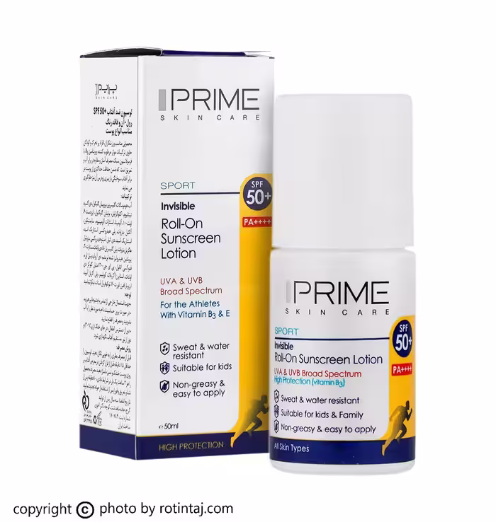 لوسیون ضد آفتاب رول آن بی رنگ SPF50 پرایم مناسب انواع پوست 50 میلی