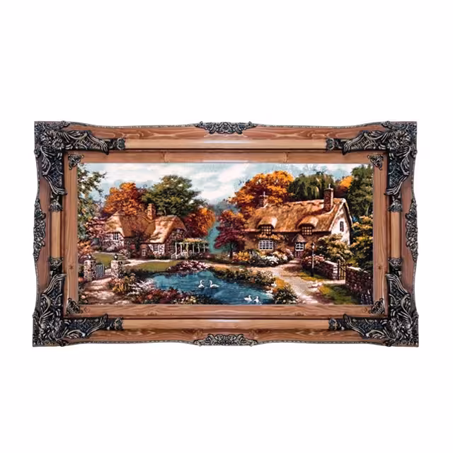 تابلو فرش ماشینی دنیای فرش طرح کلبه خانه های جنگلی و برکه کد 175