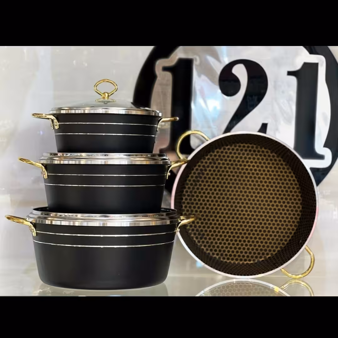 سرویس قابلمه 7 پارچ طرح چدن مدل گلدانی  دسته طلایی و داخل زنبوری