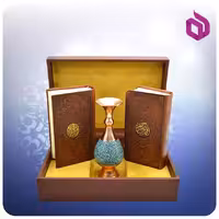 قرآن و نهج‌البلاغه پالتویی چرمی با گلدان فیروزه 16 سانتی‌متری