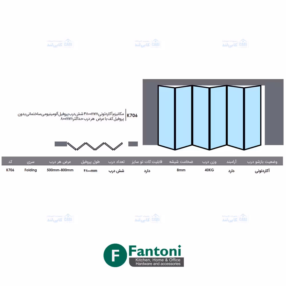 مکانیزم آکاردئونی 4800mm شش درب پروفیل آلومینیومی ساختمانی بدون پروفیل کف با عرض هر درب حداکثر 800mm فانتونی K706