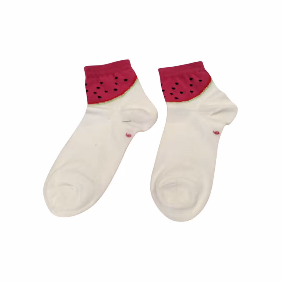 جوراب ساق کوتاه سفید سرخابی دخترانه طرح هندوانه مناسب 9 تا 11 سال