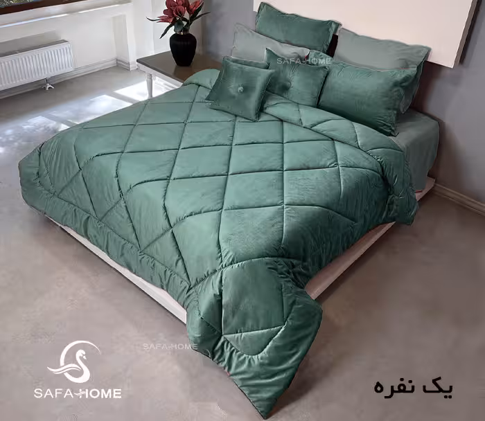 روتختی یک نفره مخمل کالیفرنیا 5 تکه طرح لوزی سبز