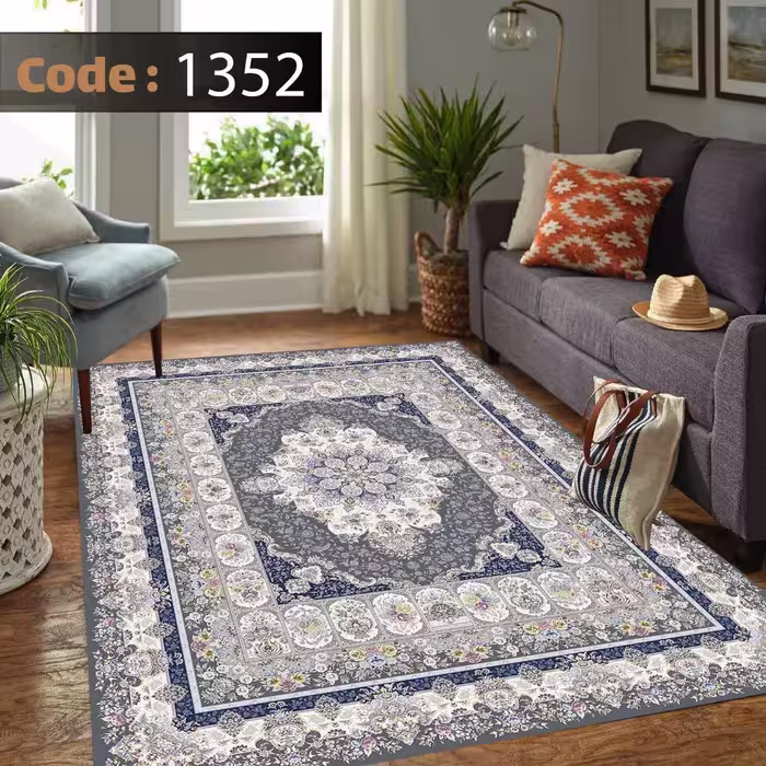 کاورفرش روفرشی دورکشدار گوشه لیفه ای طوسی کرم کد 1352