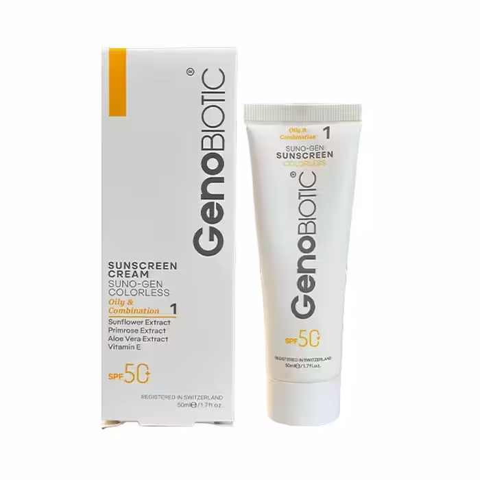 کرم ضدآفتاب بی رنگ SPF50 مناسب پوست چرب و مختلط ژنوبایوتیک 50 میلی‌لیتر GenoBiotic