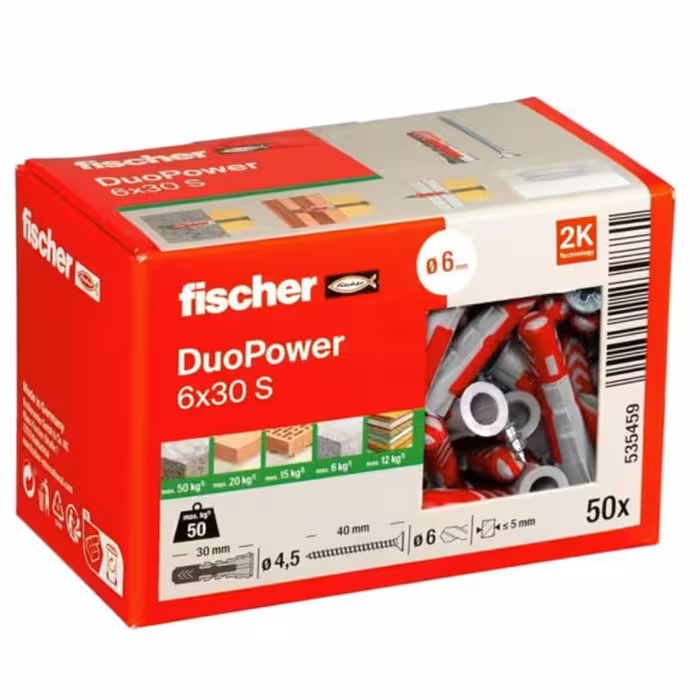 فیشر دووپاور 6×30 اس | رولپلاک و پیچ 50 عددی | قطر 6 میلی‌متر | مناسب برای سطوح سخت | اتصال محکم و پایدار | محصول با کیفیت