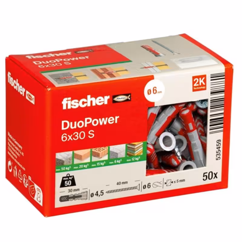 فیشر دووپاور 6×30 اس | رولپلاک و پیچ 50 عددی | قطر 6 میلی‌متر | مناسب برای سطوح سخت | اتصال محکم و پایدار | محصول با کیفیت