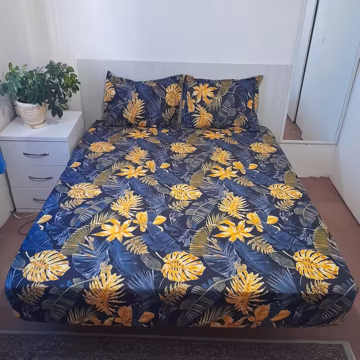 سرویس ملحفه مدل کشدار ni06062 طرح برگ انجیری کد 180 دو نفره سه تکه