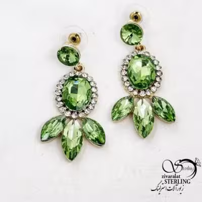 گوشواره جواهری سبز آویز اشکی کد 18396