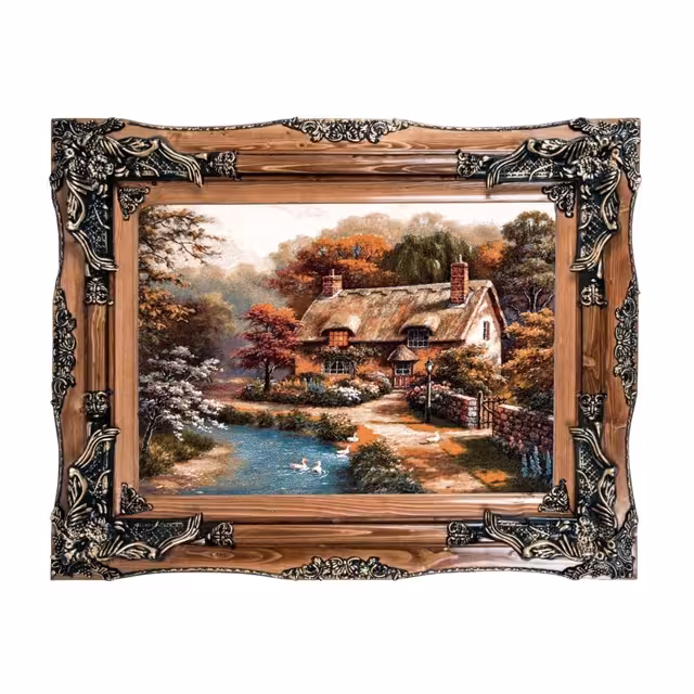 تابلو فرش ماشینی دنیای فرش طرح خانه جنگلی کد 116