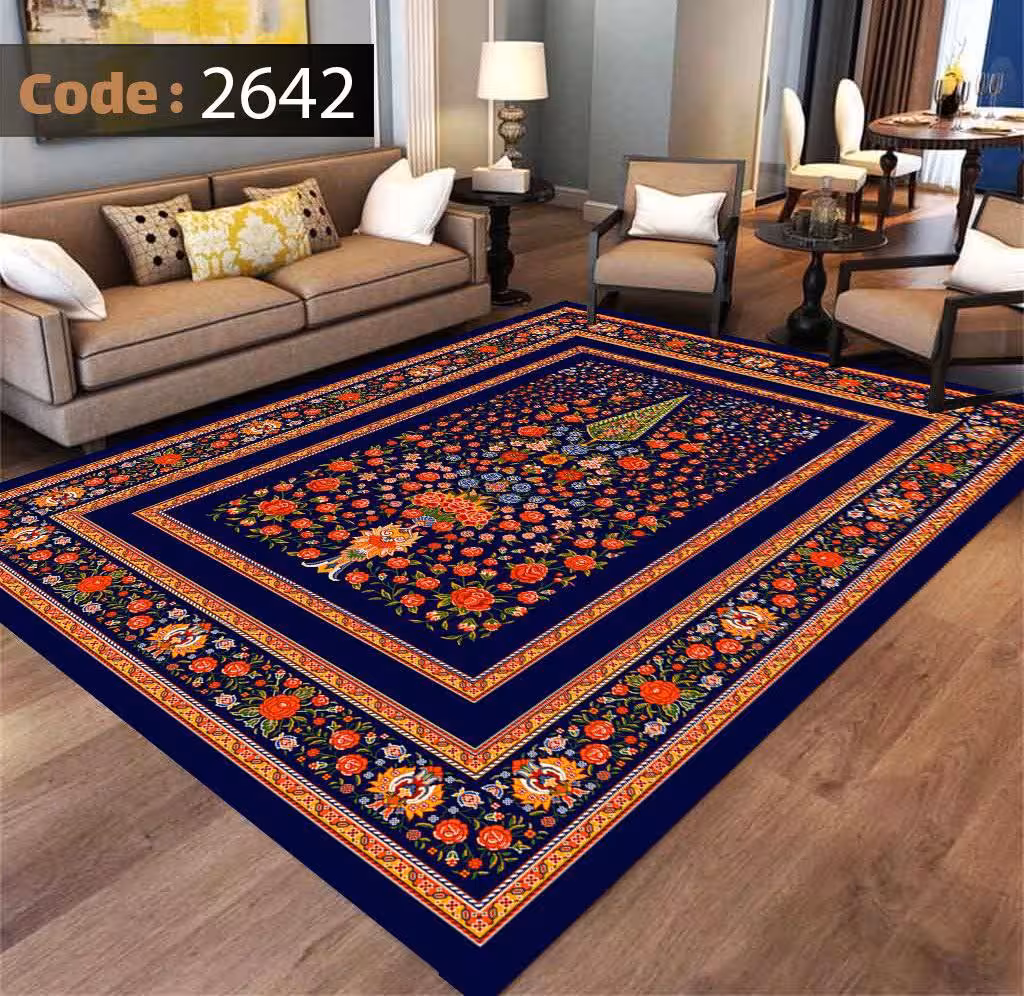 کاورفرش روفرشی دورکشدار گوشه لیفه ای لاکی ، آبی و متنوع کد 2642