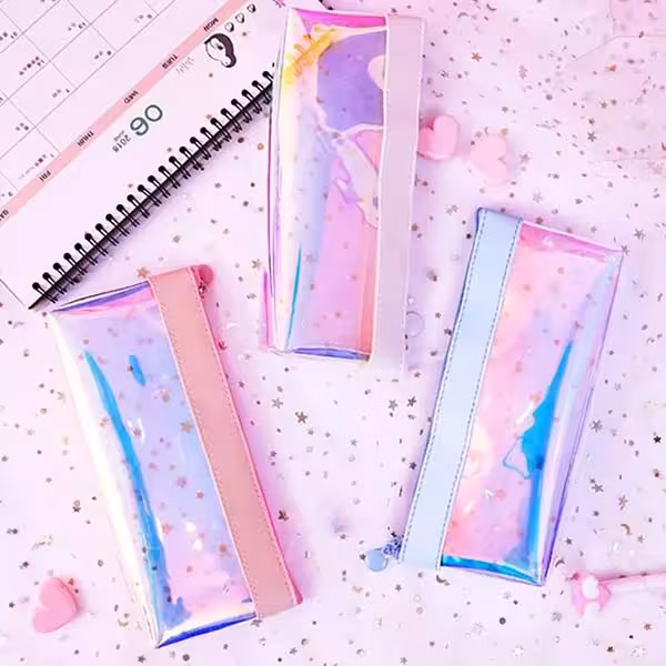 جامدادی هلوگرامی لبه چرم Leather Hologram Pencil Case