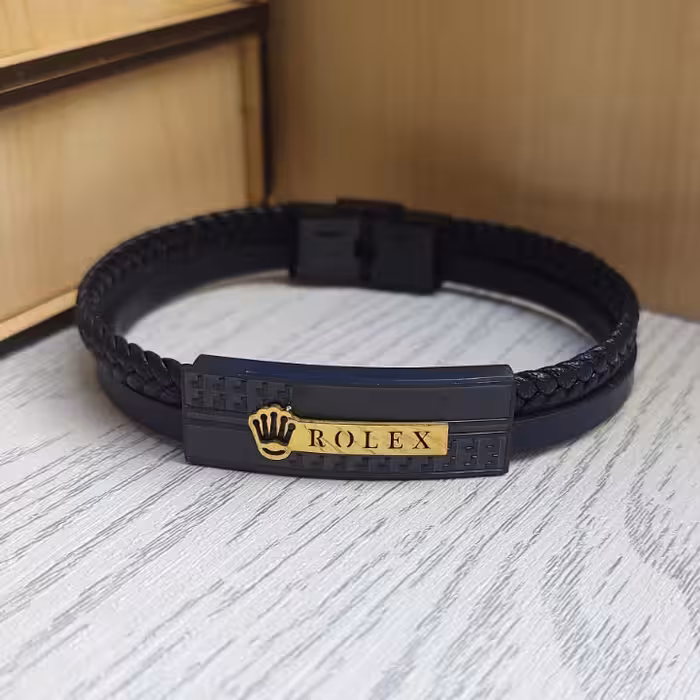 دستبند رولکس چرمی پلاک طلایی دو دور