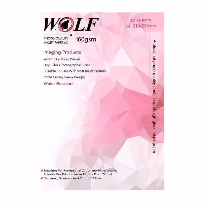کاغذ فتو گلاسه دورو 160 گرم ولف سایز A4
