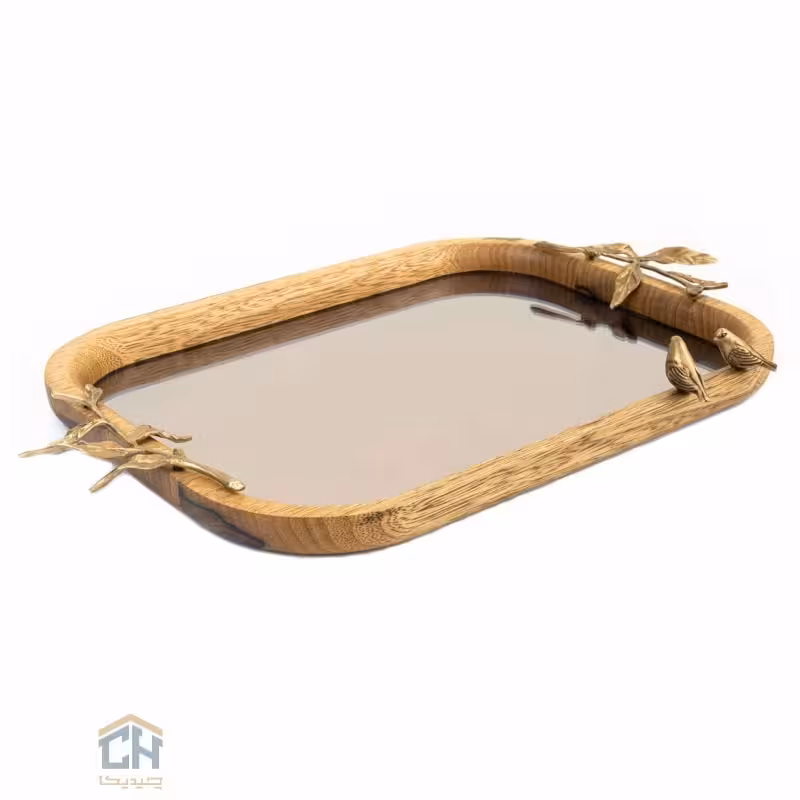 سینی چوب و برنج کف آینه ای مستطیل بزرگ گلدکیش طرح WOOD مدل GK829508