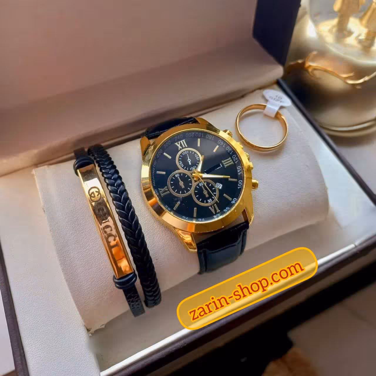 ست ساعت رومانسون چرمی مردانه و دستبند انگشتر