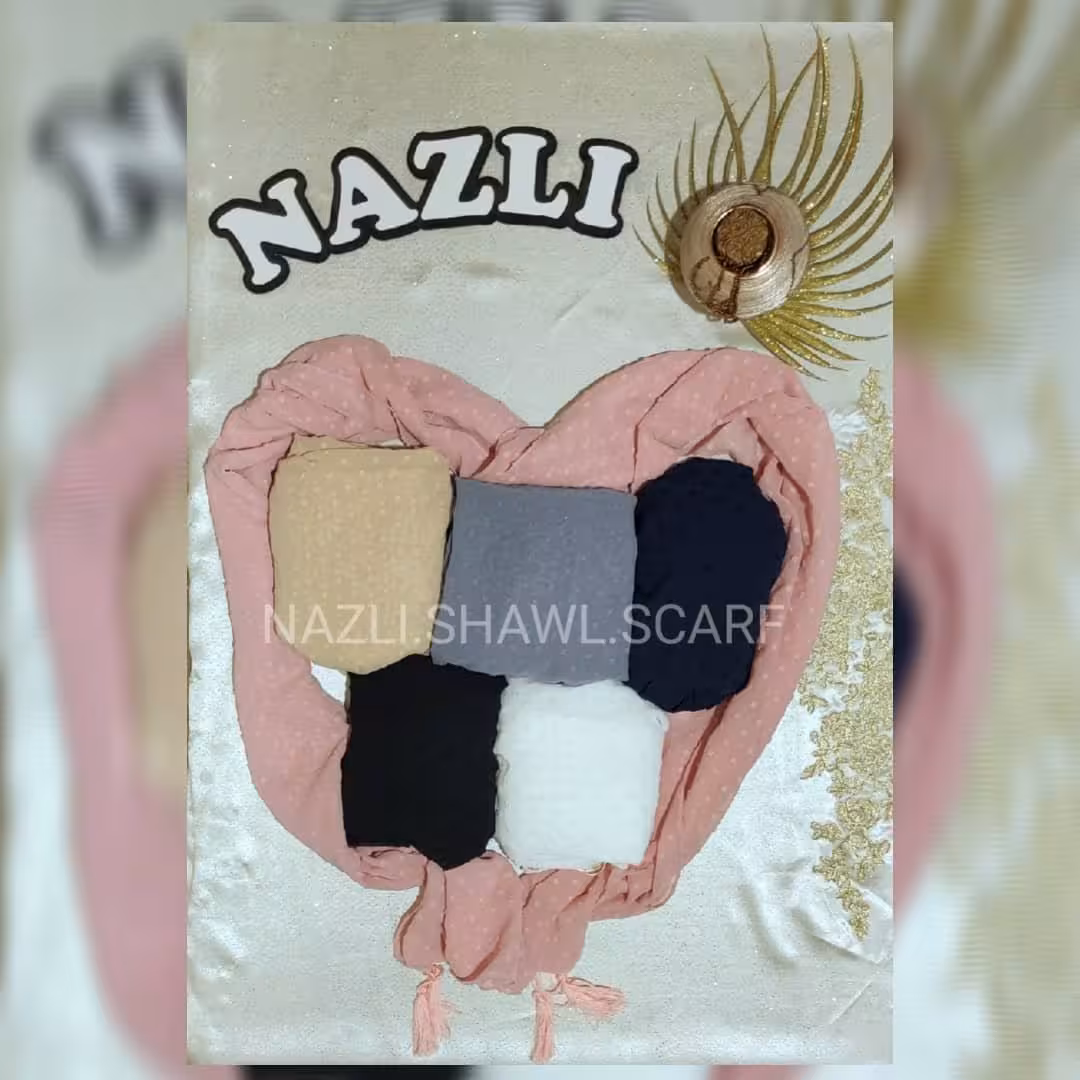 شال اشکی خال خالی حریر نخ نگوله دار دور دوخت در شش رنگ