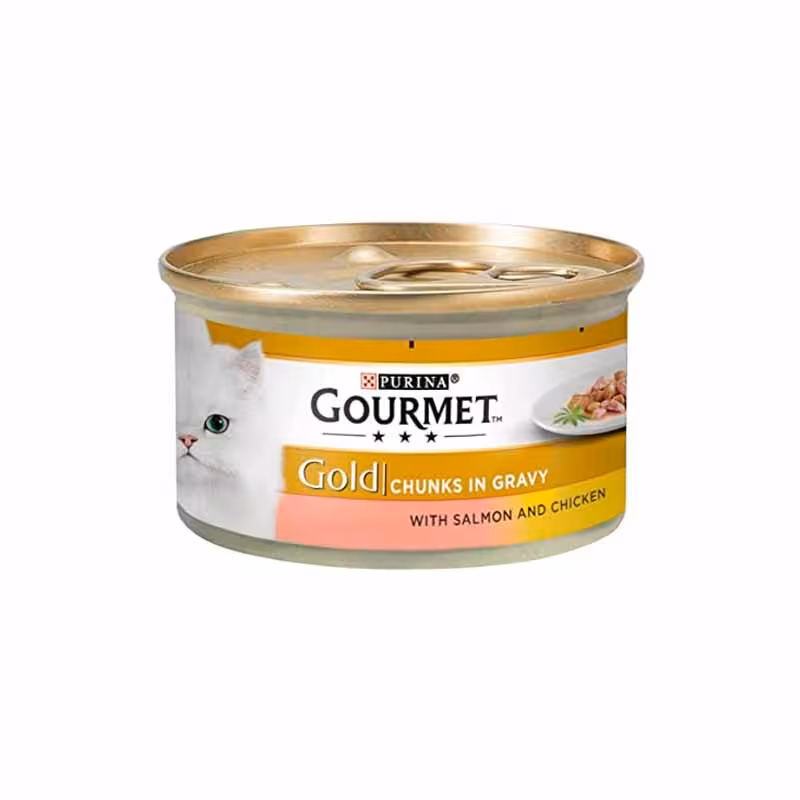 کنسرو گربه گورمت با طعم مرغ و ماهی سالمون وزن 85 گرم