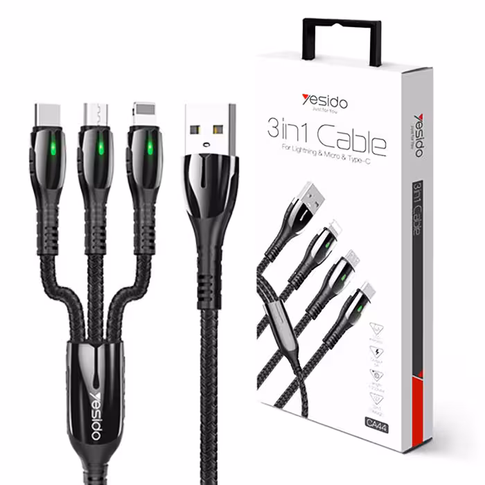 کابل 3کاره لایتنینگ و میکرو و تایپسی یسیدو YESIDO CA44 طول 1.2متر