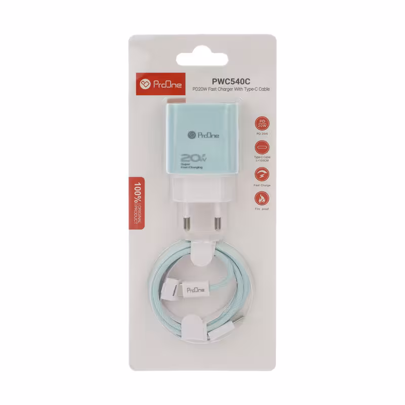 شارژر دیواری 20 وات پرووان مدل  PWC540C به همراه کابل تبدیل usb-c