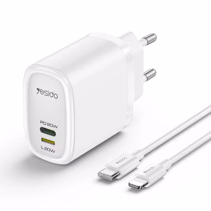 شارژر دیواری یسیدو 20 وات مدل YESIDO YC44 با کابل شارژ آیفون (دو پورت) - 69370644