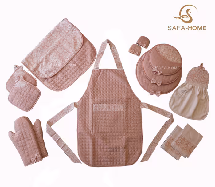 سرویس آشپزخانه 14 تکه پنبه دوزی طرح فلورا صورتی روشن