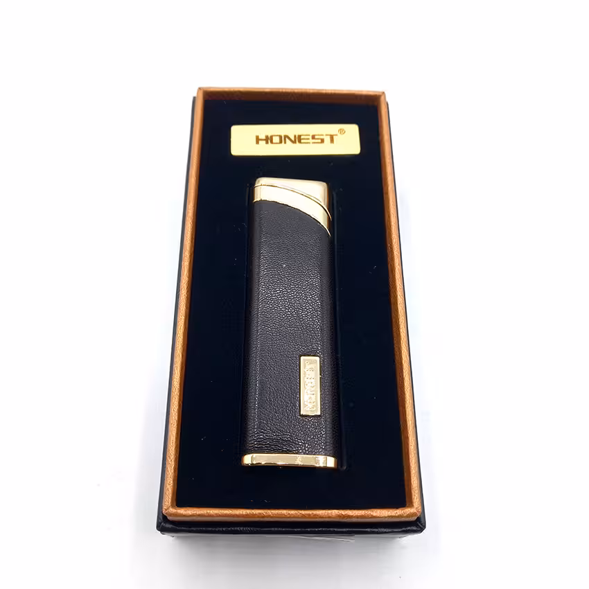 فندک گازی هانست چرم مشکی طلایی L120376