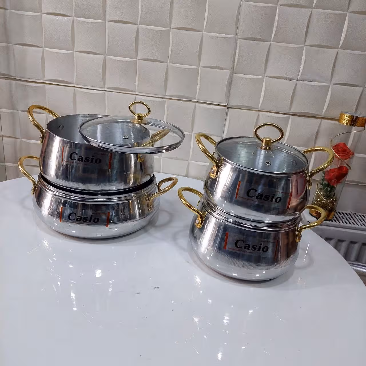 سرویس قابلمه 8پارچه کاسیو براق دسته طلایی