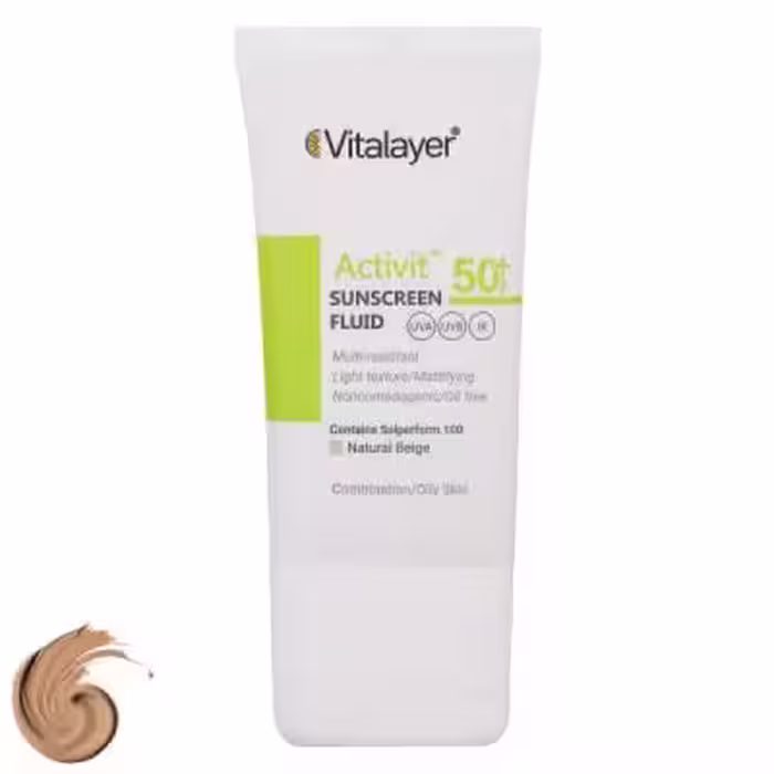 فلوئید ضد آفتاب رنگی ویتالیر SPF50 مدل Activit، مناسب پوست‌های چرب، حجم 50 میلی‌لیتر