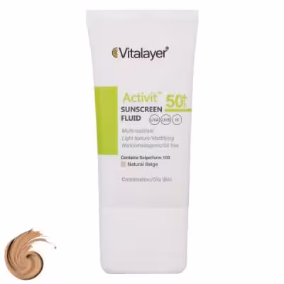 فلوئید ضد آفتاب رنگی ویتالیر SPF50 مدل Activit، مناسب پوست‌های چرب، حجم 50 میلی‌لیتر