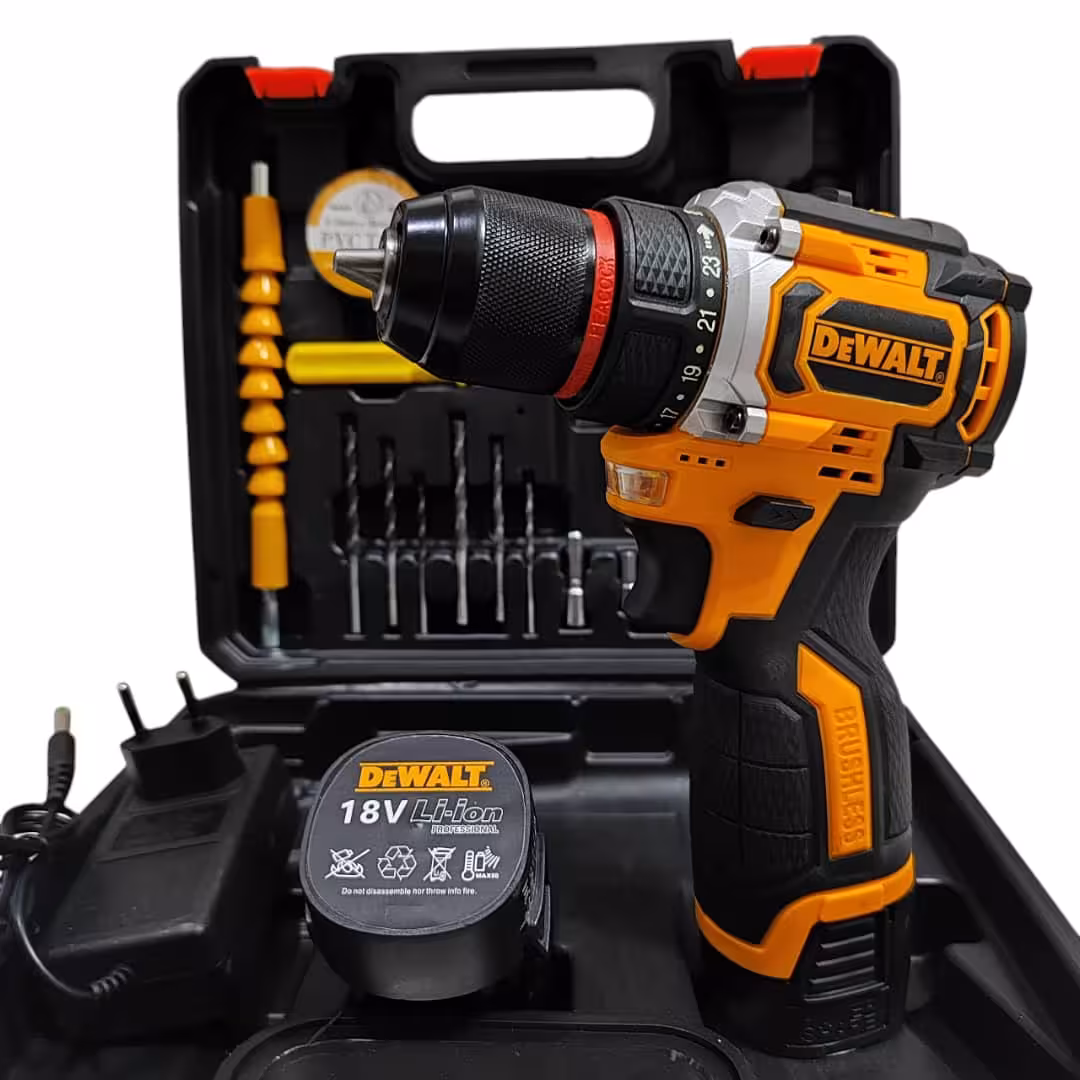 دریل شارژی دیوالت صنعتی موتور براشلس 18 ولت دوباتری سه نظام فلزی پرقدرت پیچگوشتی شارژی دیوالت همراه کیف و لوازم