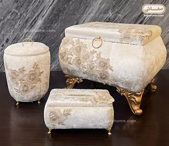 سرویس صندوقچه مخمل 3 تکه گل برجسته دایان طرح آدونیس شیری