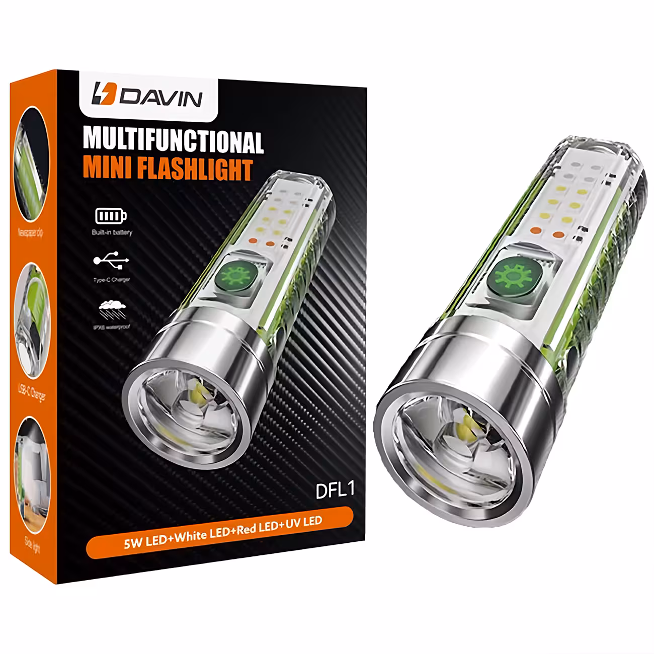 مینی چراغ قوه شارژی ضدآب با نور فرابنفش یووی داوین DFL1