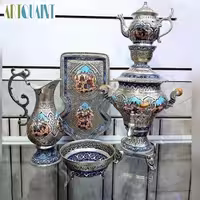 سرویس کامل سماور 3 لیتری برنجی قلمزنی مینیاتوری، با روکش نقره و نقاشی دست