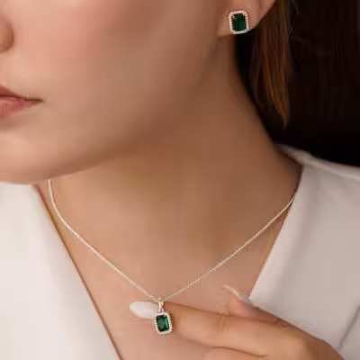 نیم ست زمرد سبز ژوپینگ . نقره ای SKU411