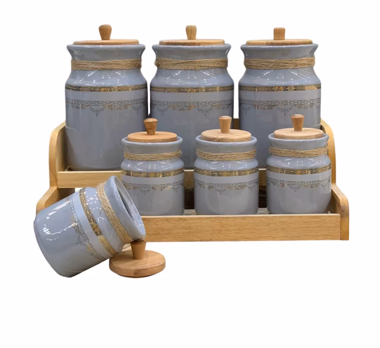 سرویس پا سماوری 7 پارچه چینی و چوب هرمس مدل ماهور طوسی