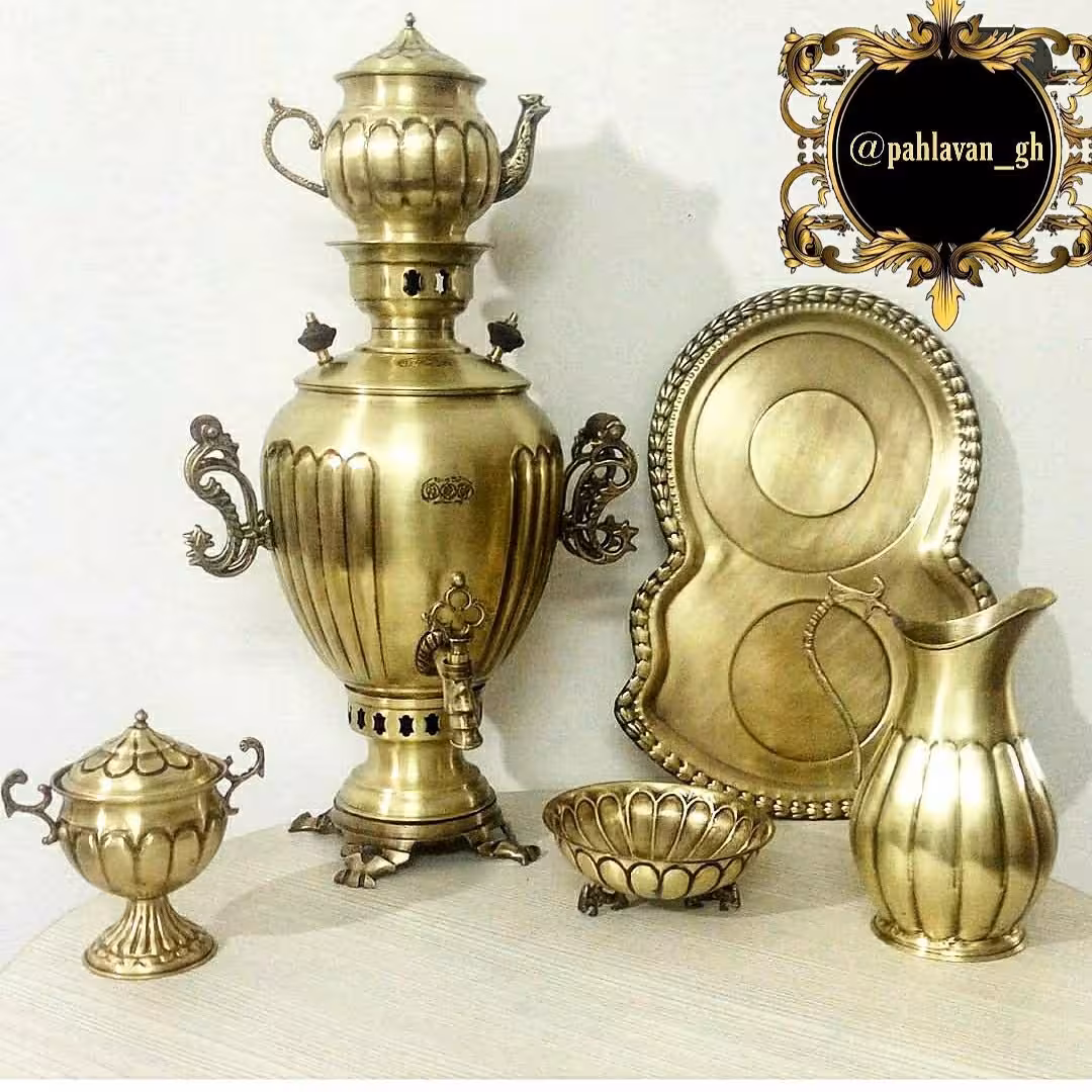 ست6تکه سماور ذغالی 5لیتر مدل آناناسی دسته توری رنگ آنتیک نانو شده