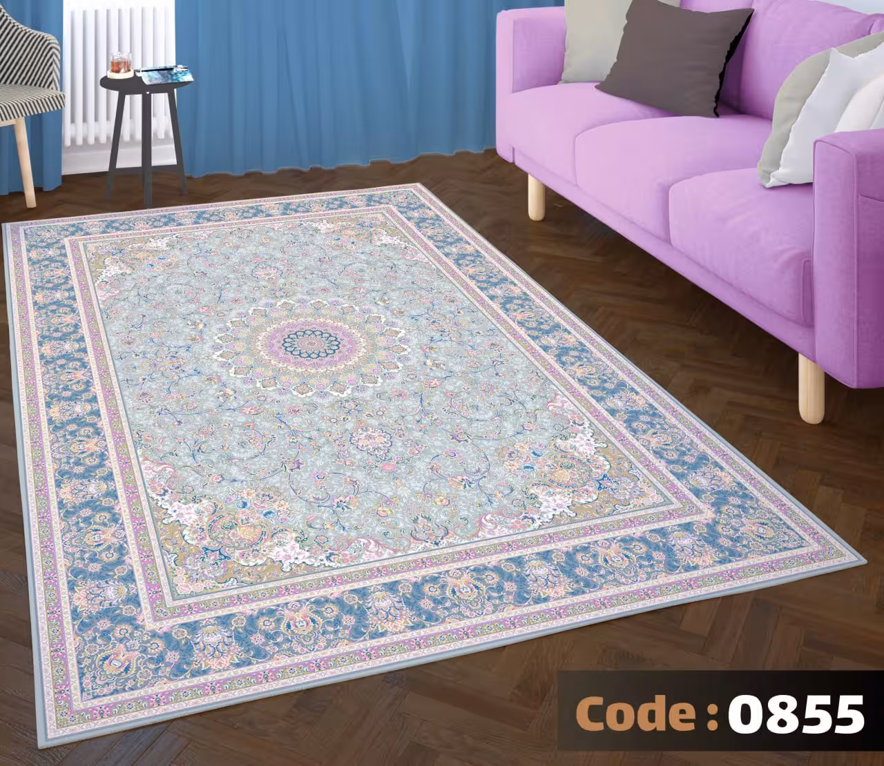 کاورفرش روفرشی دورکشدار گوشه لیفه ای لاکی ، آبی و متنوع کد 0855