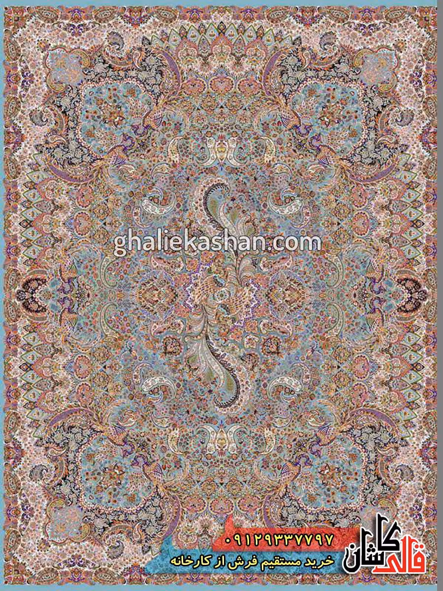 فرش 1000 شانه طرح سیمرغ زمینه آبی فیروزه ای کاشان