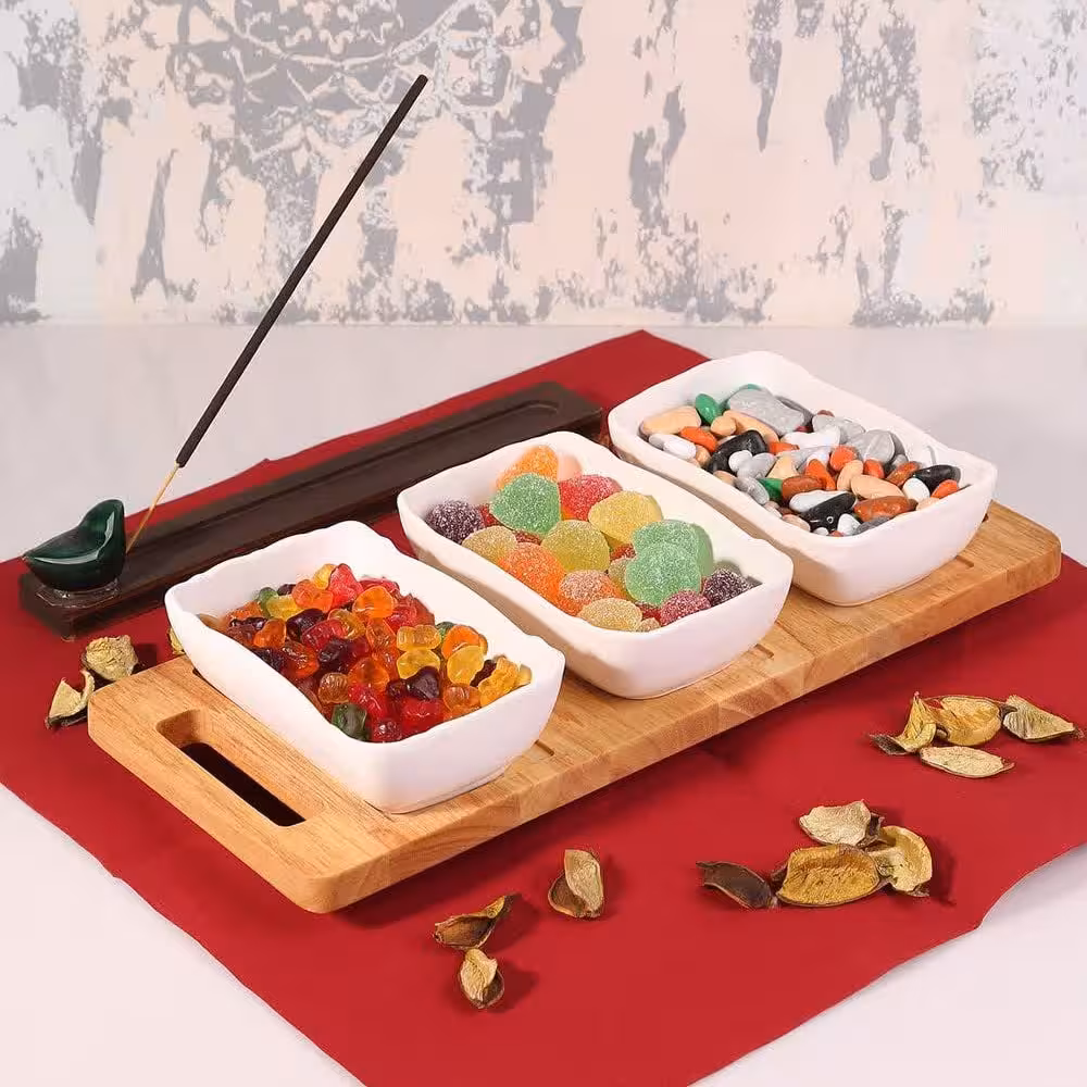 اردوخوری 3 پیاله مستطیل سرامیکی با سینی چوبی VENTI کد 1009  