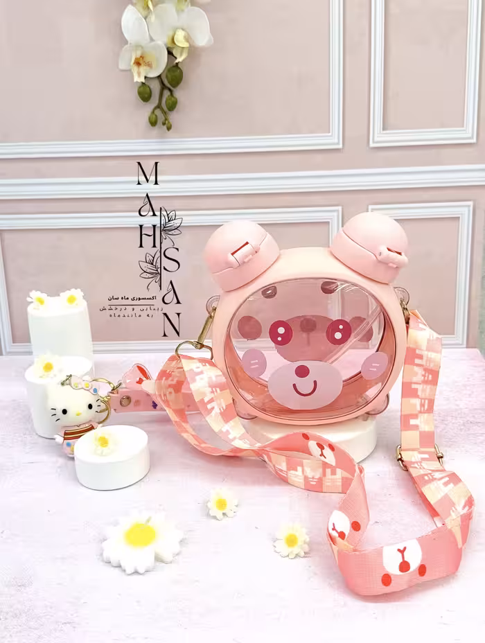 قمقمه آب خرسی صورتی دودر بطری آب مدرسه و پیش دبستانی