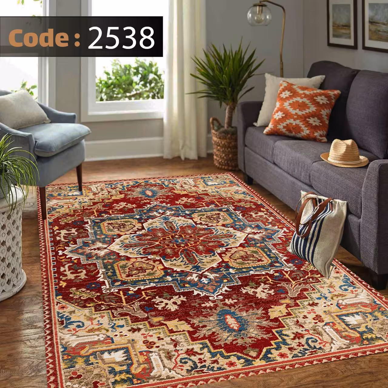 کاورفرش روفرشی دورکشدار گوشه لیفه ای لاکی ، آبی و متنوع کد 2538