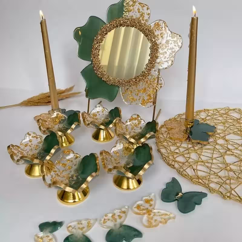 هفت سین تمام رزینی سبز و طلایی جهیزیه