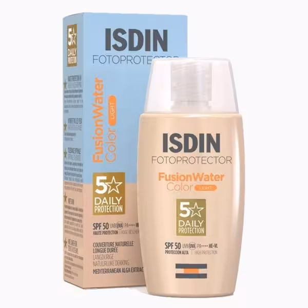 ضد آفتاب رنگی فیوژن واتر ایزدین  Spf 50 بر پایه آب با ساختاری سبک و بدون چربی مراقبت روزانه حتی مناسب برای استفاده دور چشم حجم 50 میل ساخت اسپانیاlight ( روشن )